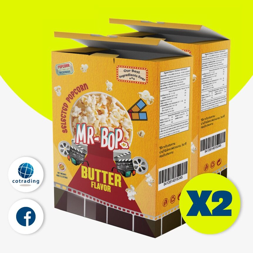 ป็อปคอร์นโรงหนัง Mr-Bop Microwave popcorn Butter ไมโครเวฟ ป๊อบคอร์น รสเนย 90x3g Non GMO, No trans fat pack x2
