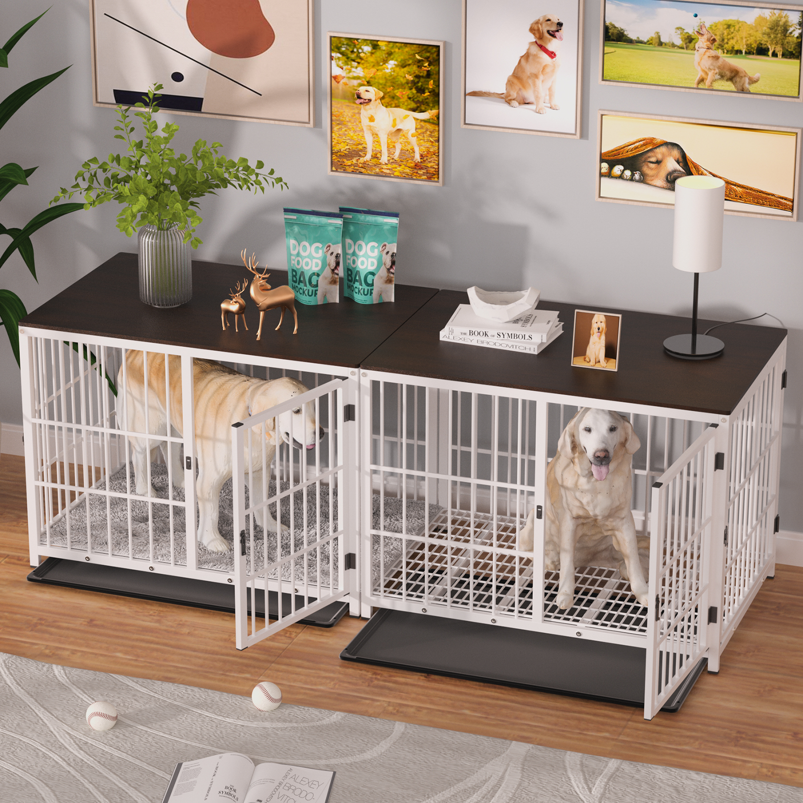 BingoPaw กรงสุนัข แบบกรงสุนัขใหญ่ หน้าท็อปไม้ + เหล็กเคลือบผิว สีดำ/สีขาว Wooden Dog Crate Furniture Side Table Style Sturdy Iron Metal Crate Frame 3 Lockable Doors with Removable Tray ราคา 3,974 บาท*ส่งฟรี