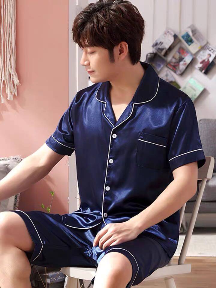 lucky Bag_shopชุดนอนชาย แฟชั่นเกาหลี，สีล้วน ผู้ใหญ่menผ้าซาติน เสื้อแขนสั้น+กางเกงขาสั้น