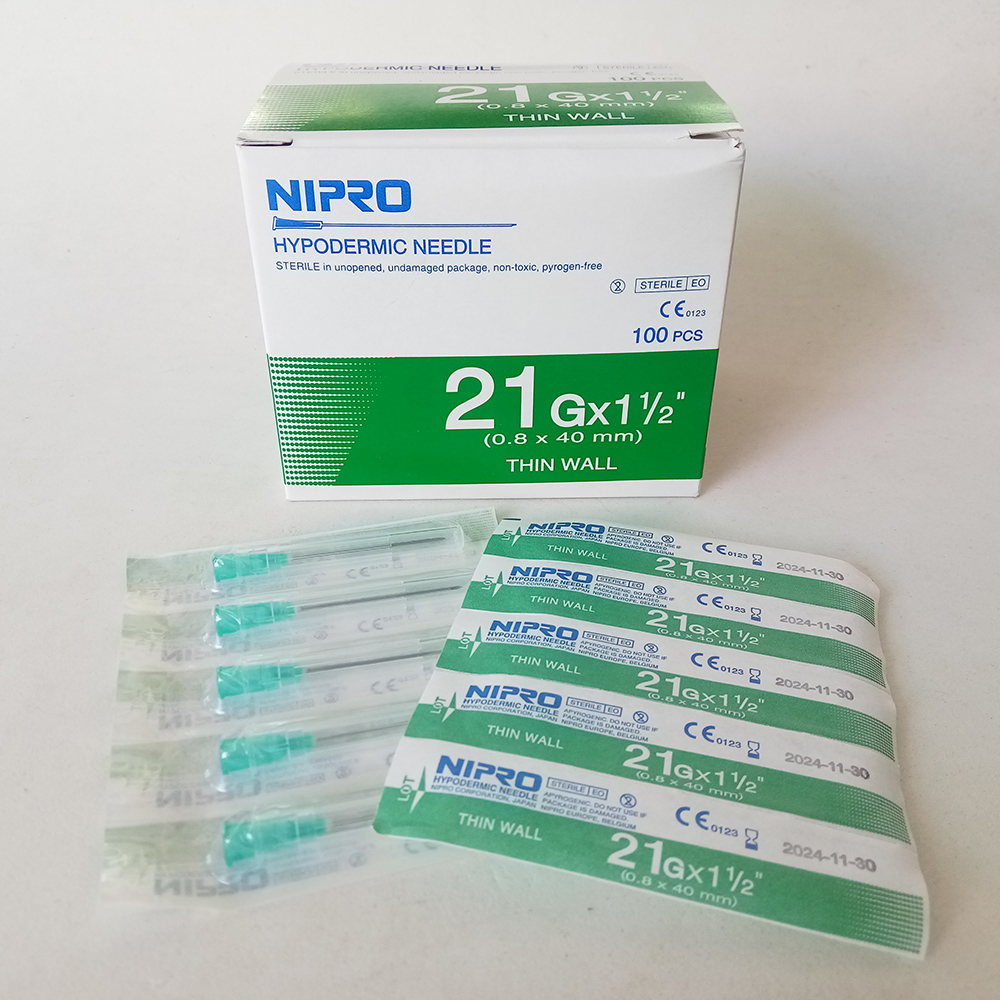 เข็มฉีดยา เบอร์ 21 g x 1.5 นิ้ว (0.8 x 40 mm) 1 กล่อง (100 ชิ้น)  NIPRO HYPODERMIC NEEDLE THIN WALL สำหรับฉีดยา วัคซีน น้ำเกลือ ใต้ผิวหนัง ใช้ได้ทั้งคน สัตว์เลี้ยง สุน