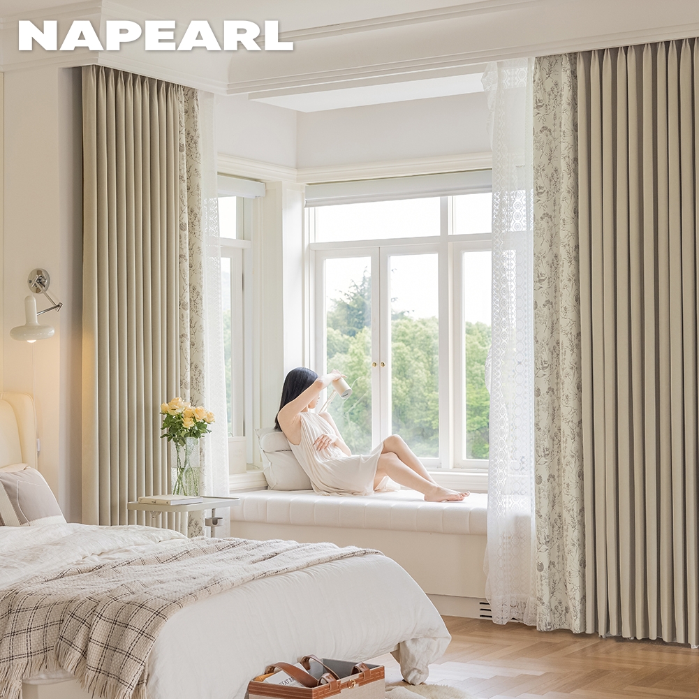 1PC NAPEARL 70-85% Blackout Pastoral Style Solid And Floral Printing Fabric Patchwork Blackout Curtain For Living Room Bedroom Home Decor ราคา 1,160 บาท*ส่งฟรี