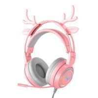 Razeak SY-G25 Deer Antler Wired Headset RGB Light Headphones with Noise Cancelling Mic 3.5mm Gaming Earphones for E-Sports - Pink