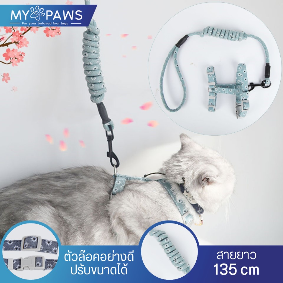 My Paws สายจูงแมว ปลอกคอแมว เชือกจูงแมว สายรัดอกแมว ปรับขนาดได้ คุณภาพดีเยียม Cat Leash