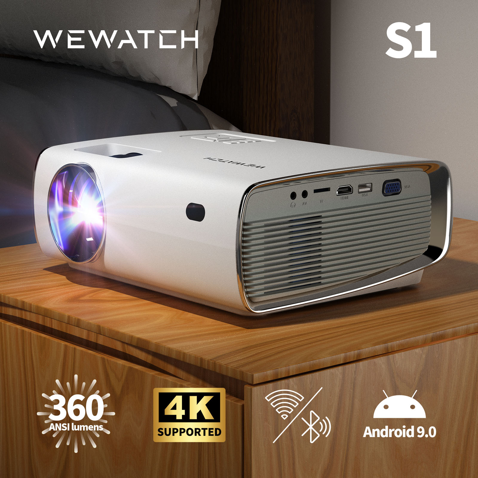 WEWATCH S1 Smart OS Projector Native1080P 4K รองรับ360 ANSI Lumens โฮมเธียเตอร์ Android LED Projector Full HD WIFI Beamer ราคา 6,999 บาท*ส่งฟรี