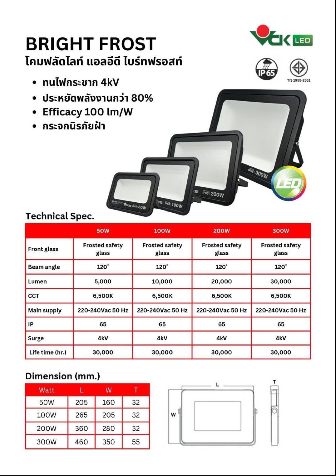 โคมฟลัดไลท์ LED รุ่น ไบร์ทฟรอสท์ ยี่ห้อ VCK ทนไฟกระชาก 4KV ประหยัดพลังงานมากกว่า 40% กระจกฝ้านิรภัย 200W ราคา 800 บาท*ส่งฟรี