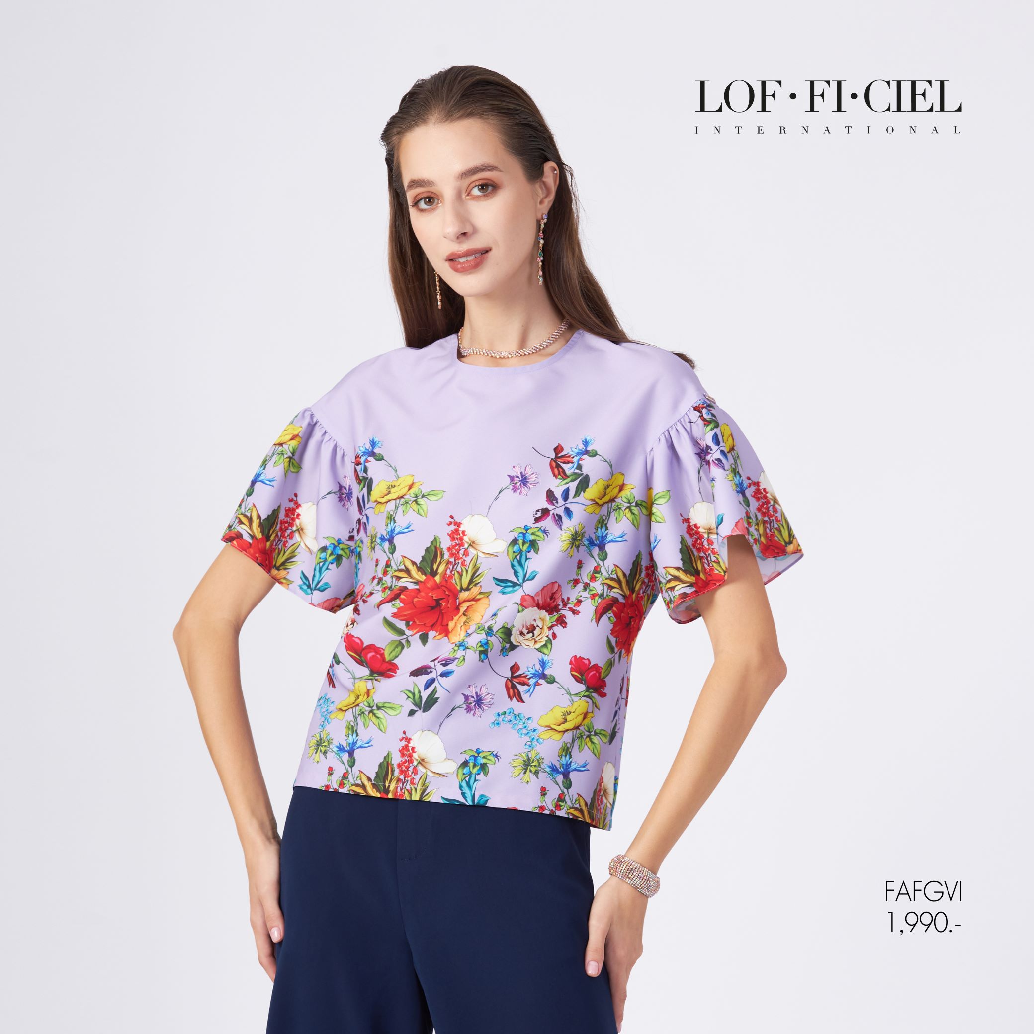 LOF-FI-CIEL Woman blouse Rose Quart Round neck ruffle sleeve short เสื้อผู้หญิง แขนสั้น ทรงหลวม สีม่วง FAFGVI ราคา 1,094 บาท*ส่งฟรี