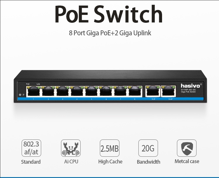 Gigabit 10 พอร์ต Poe Switch สนับสนุน IEEE802.3af/at กล้อง IP และ Wireless AP 10/100/1000Mbps 48V มาตรฐานเครือข่ายสวิทช์