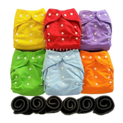 BABYKIDS95 Baby cloth diapers, waterproof, TPU, single row snap with Bamboo charcoal insert Set 6 pcs. Mix color
