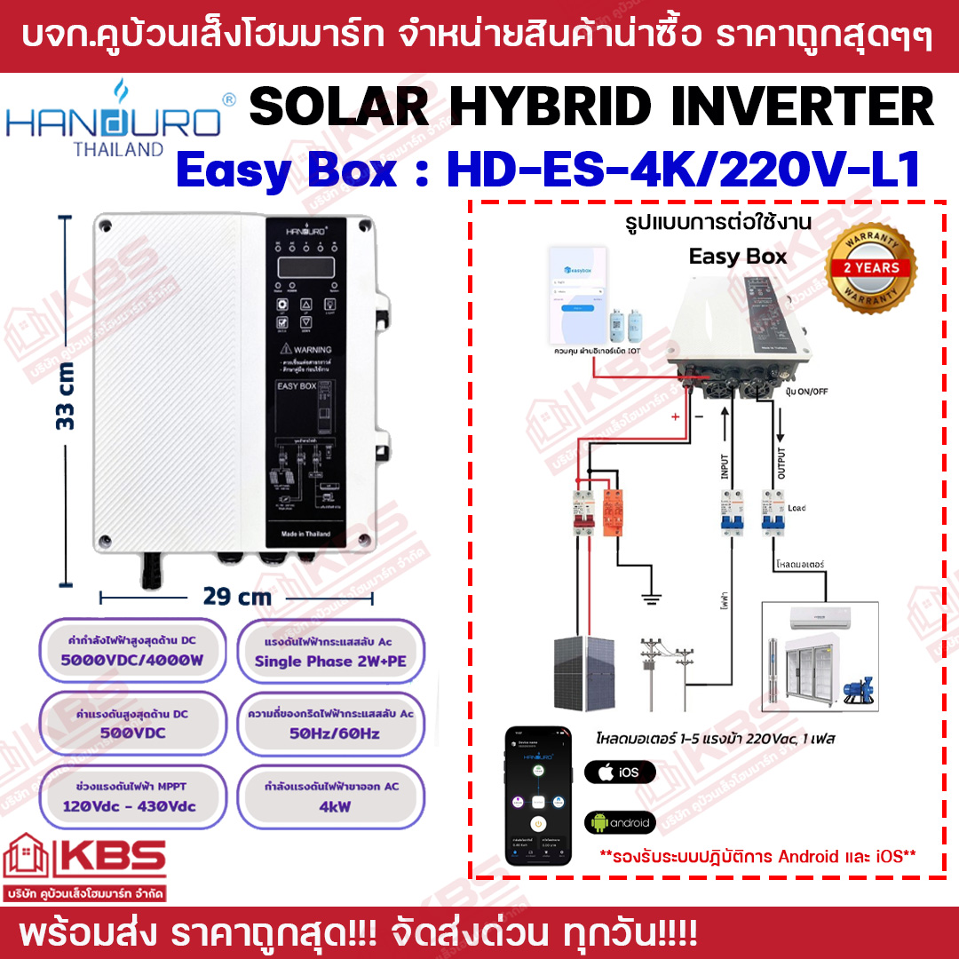 HANDURO Easy Box Solar Controller. สินค้าสำหรับต่อใช้โซล่าเซลล์กับ แอร์แบบ Fix Speed หรือโหลดประเภทปั๊มนำ้ ต่างๆ กำลังวัตต์สูงสุด 4,000 วัตต์ แผงโซล่าร์ DC Input แรงดันเริ่มต้น 100-440VDC ราคา 13,500 บาท*ส่งฟรี