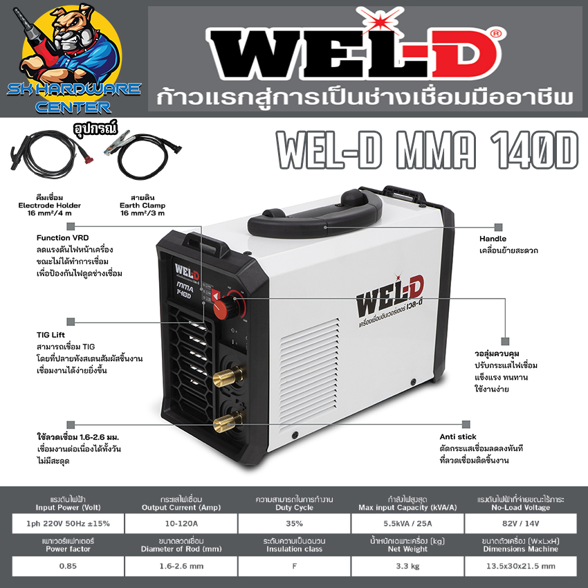 เครื่องเชื่อมอินเวอร์เตอร์ 2ระบบ MMA ,TIG LIFT กระแสไฟเชื่อม 120A ยี่ห้อ WEL-D By WELPRO รุ่น WEL-D MMA140D (รับประกัน 1ปี) ราคา 4,040 บาท*ส่งฟรี