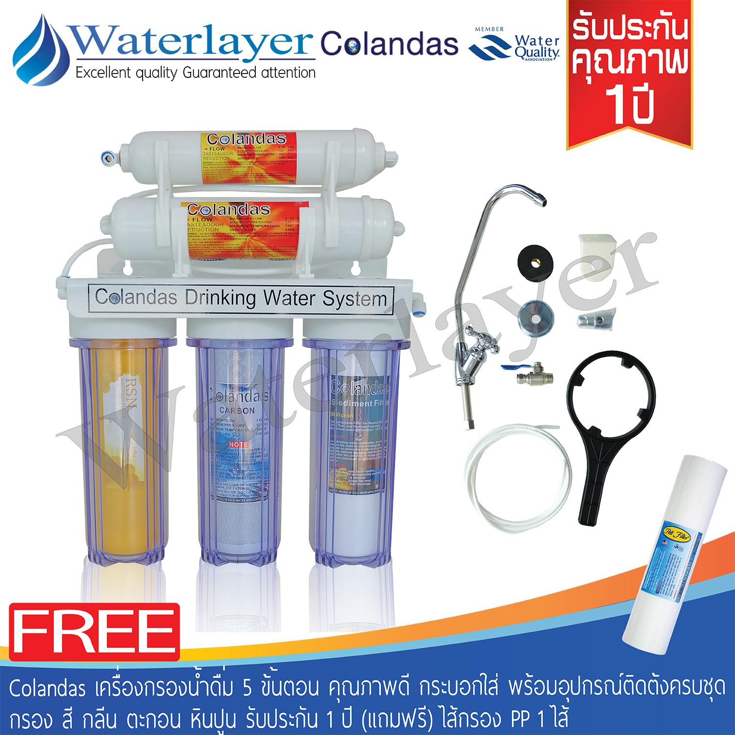 Colandas เครื่องกรองน้ำ 5 ขั้นตอนกระบอกใส 3 กระบอก ดักจับ หินปูน กลิ่น สี ตะกอนต่าง ๆ คุณภาพดี ความละเอียด 5 ไมครอน รับประกัน 1 ปี (แถมฟรีไส้กรอง PP 1 ไส้) - ยี่ห้อ Colandas ราคา 1,295 บาท*ส่งฟรี