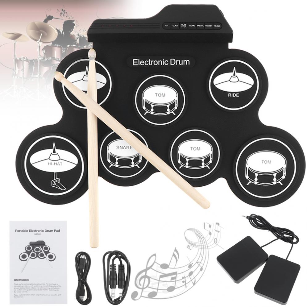 กลองชุด กลองไฟฟ้า กลองชุด 7 ชิ้น Electric Drum Pad Kit Digital Drum ทำจากซิลิโคนคุณภาพดี ขนาดบางพกพาได้ง่าย
