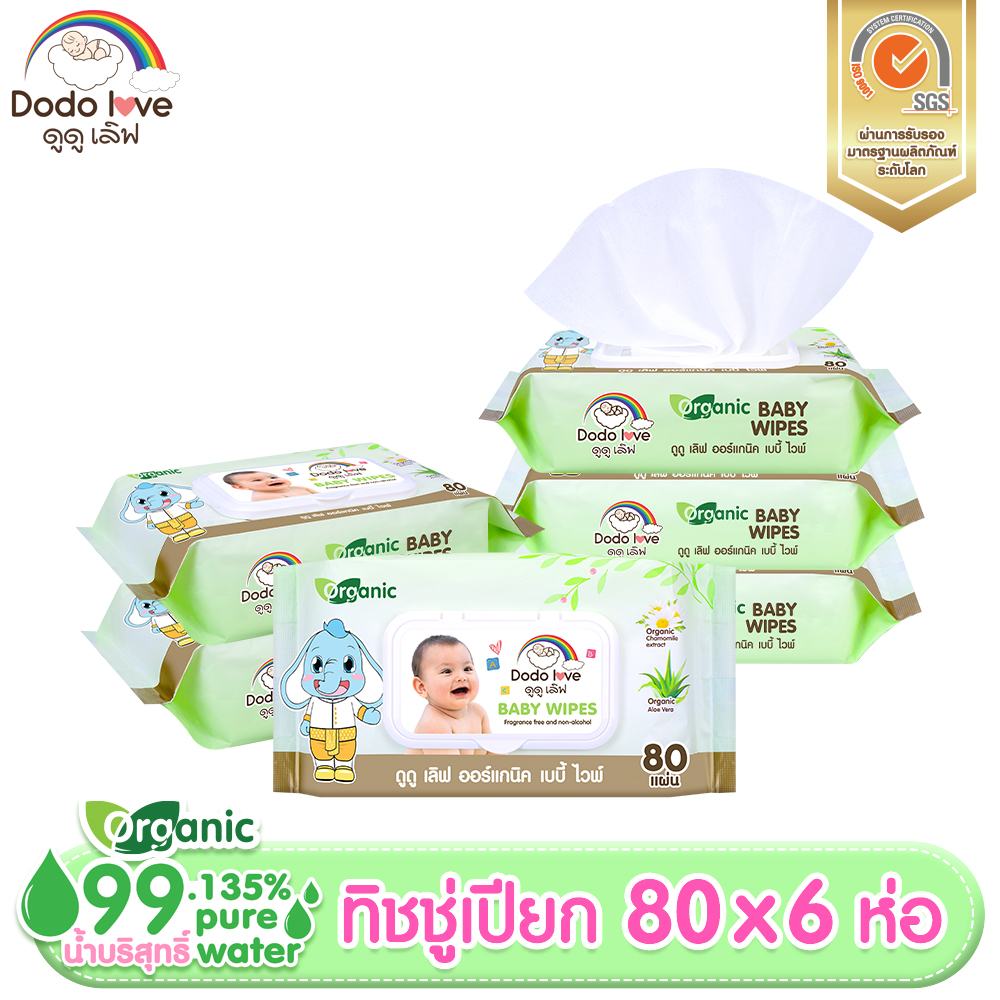 ยกลัง 6 DODOLOVE Baby Wipes ผ้าเช็ดทำความสะอาดสำหรับเด็ก ห่อใหญ่ 80 แผ่น ทิชชู่เปียก