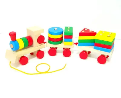 Todds & Kids Toys ของเล่นไม้เสริมพัฒนาการ รถไฟไม้ลากจูง+สวมหลักรูปทรงเรขาคณิต