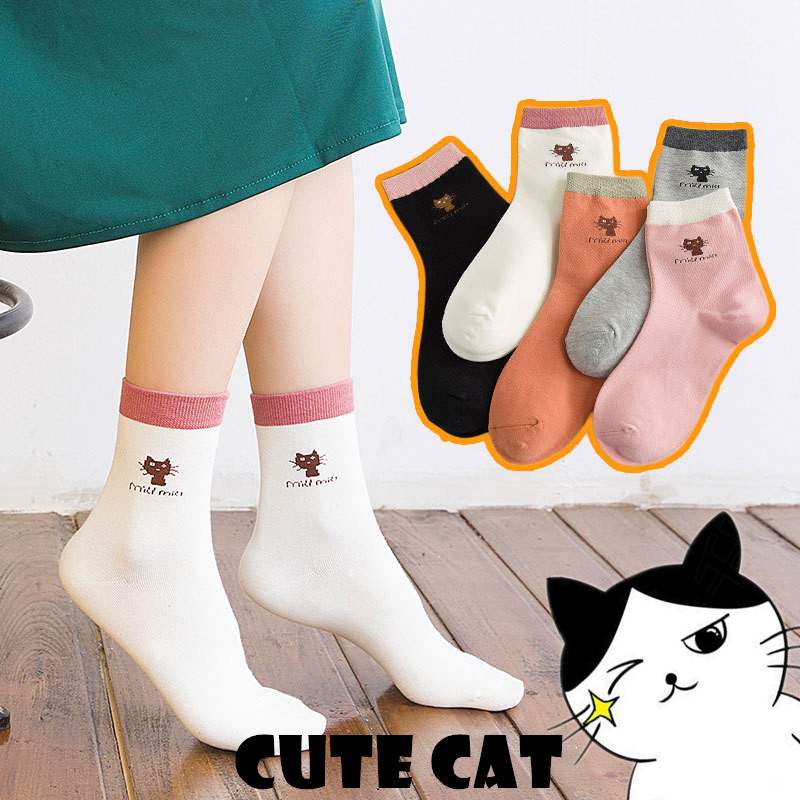 catถุงเท้าลายแมว ถุงเท้าหมีบราว มี5สไตล์（แพ็ค5คู่5สีพร้อมถุง)ถุงเท้าข้อสั้น ลายการ์ตูนน่ารัก