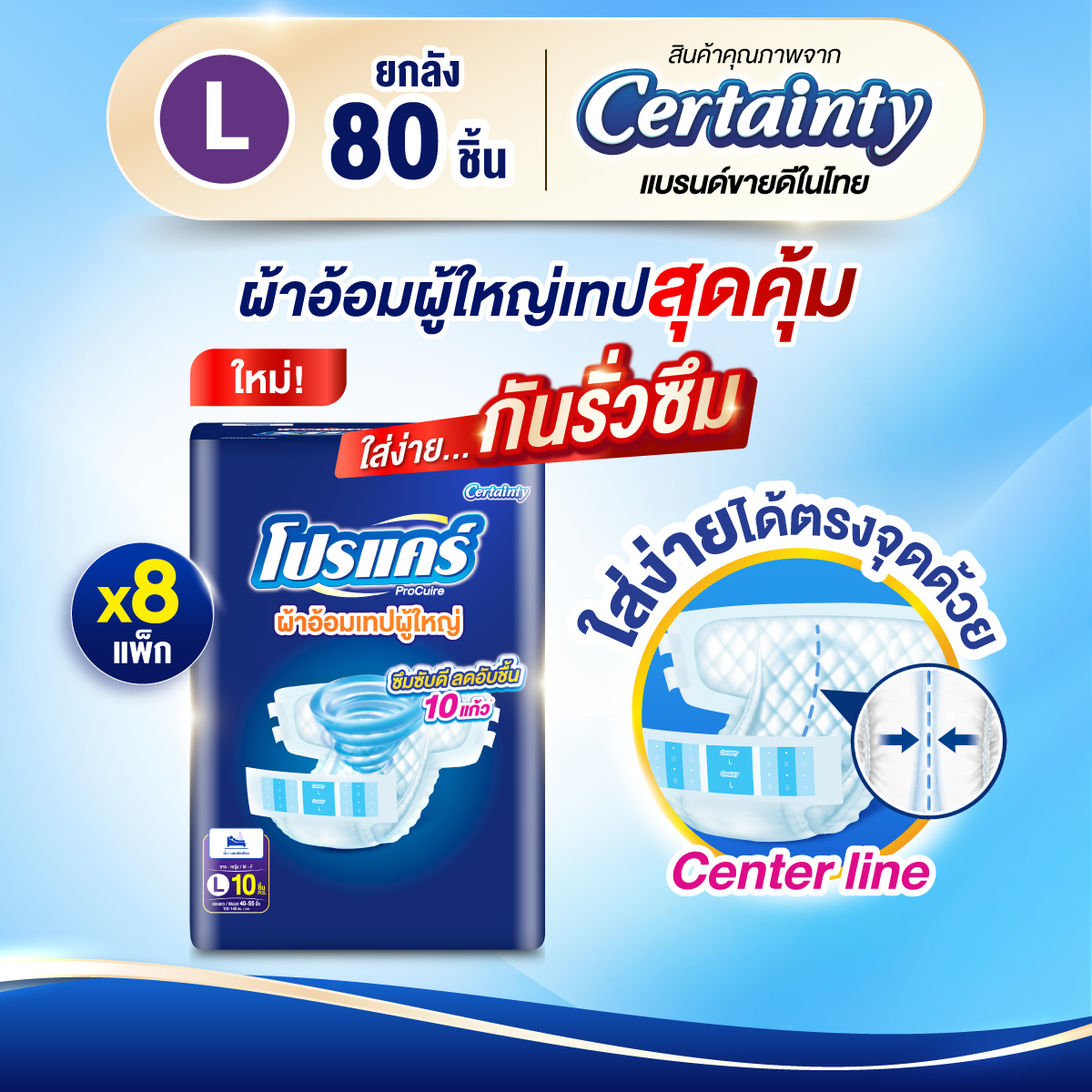 [ยกลัง][8 แพ็ค/ลัง] ใหม่! โปรแคร์ ผ้าอ้อมผู้ใหญ่ แบบเทป ไซส์ M-L 10 ชิ้น Procare Adult Diaper Tape Size M-L 10pcs [80 pcs][carton][8 packs/carton]