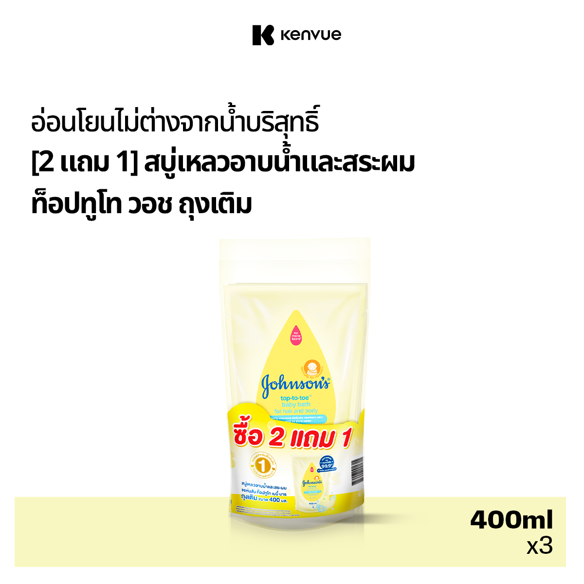 [ซื้อ 2 แถม 1] จอห์นสัน เบบี้ ครีมอาบน้ำและสระผมเด็ก ถุงเติม ท็อปทูโท วอช 400 มล. [Buy2 Get 1 Free] Johnsons Baby Top To Toe Baby Wash and Shampoo 400 ml. (Refill)( แชมพูเด็ก ยาสระผมเด็ก สบู่อาบน้ำเด็ก top to toe ผิวแพ้ง่าย ผิวแห้ง )