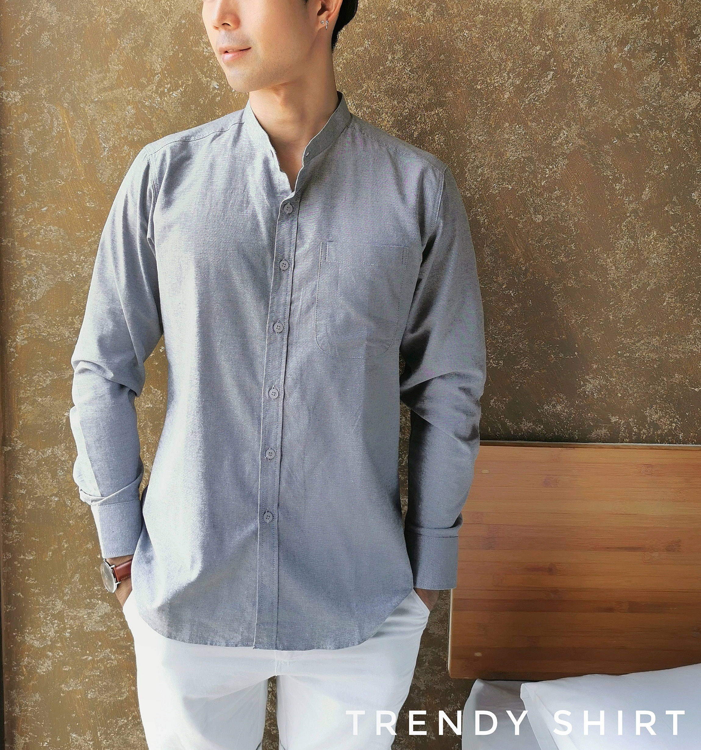 เสื้อเชิ้ตคอจีน แขนยาว Trendy Shirt ผ้า Oxford เนื้อผ้าดี ใส่สบาย มีหลายสีหลายแบบให้เลือก