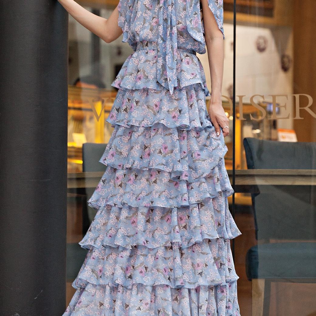 Jousse กระโปรงชีฟองยาวระบาย 7 ชั้น ลายดอกไม้สีฟ้า (JT5PDB ) ราคา 2,692 บาท*ส่งฟรี