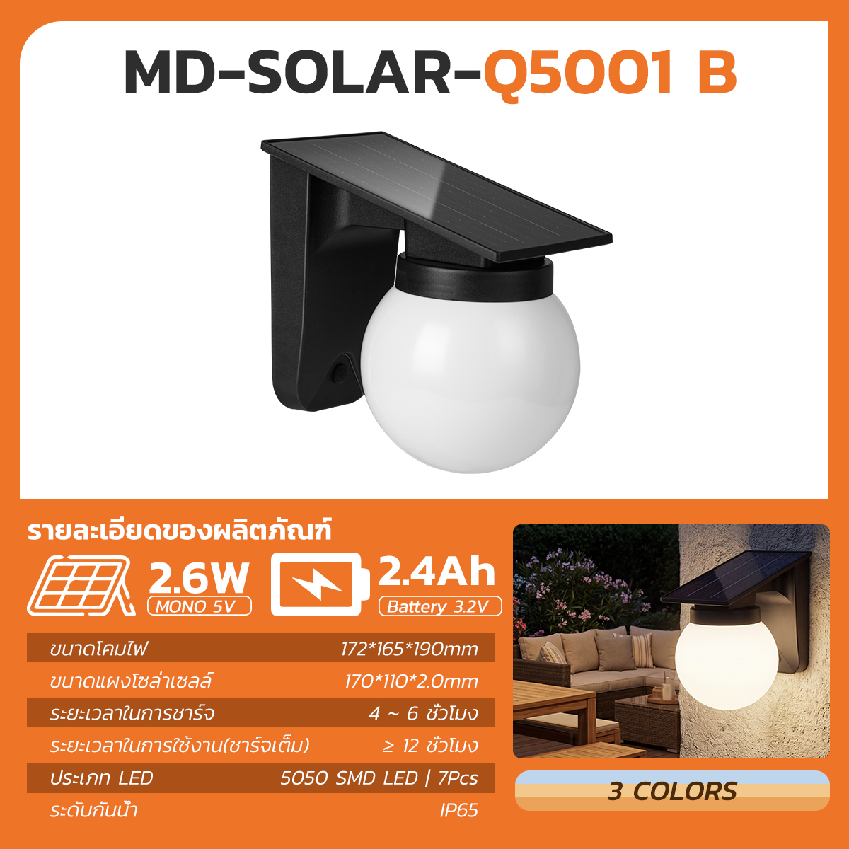 MODI โคมไฟติดผนังโซล่าเซลล์ เปิดได้ 3 แสง ระบบสว่างค้าง กันน้ำกันฝนIP65