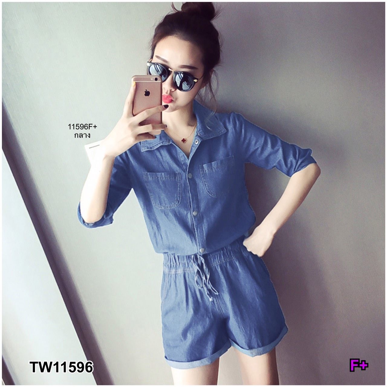 S11596 จั้มสูทยีนเทียมขาสั้น short legged jean jumpsuit