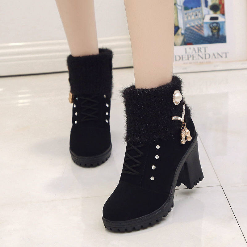 2020Autumn and Winter New Fashion Boots Women's British Style High Heel Boots Chunky Heel round Head Wool Mouth Cotton-Padded Shoes with Velvet Women's
