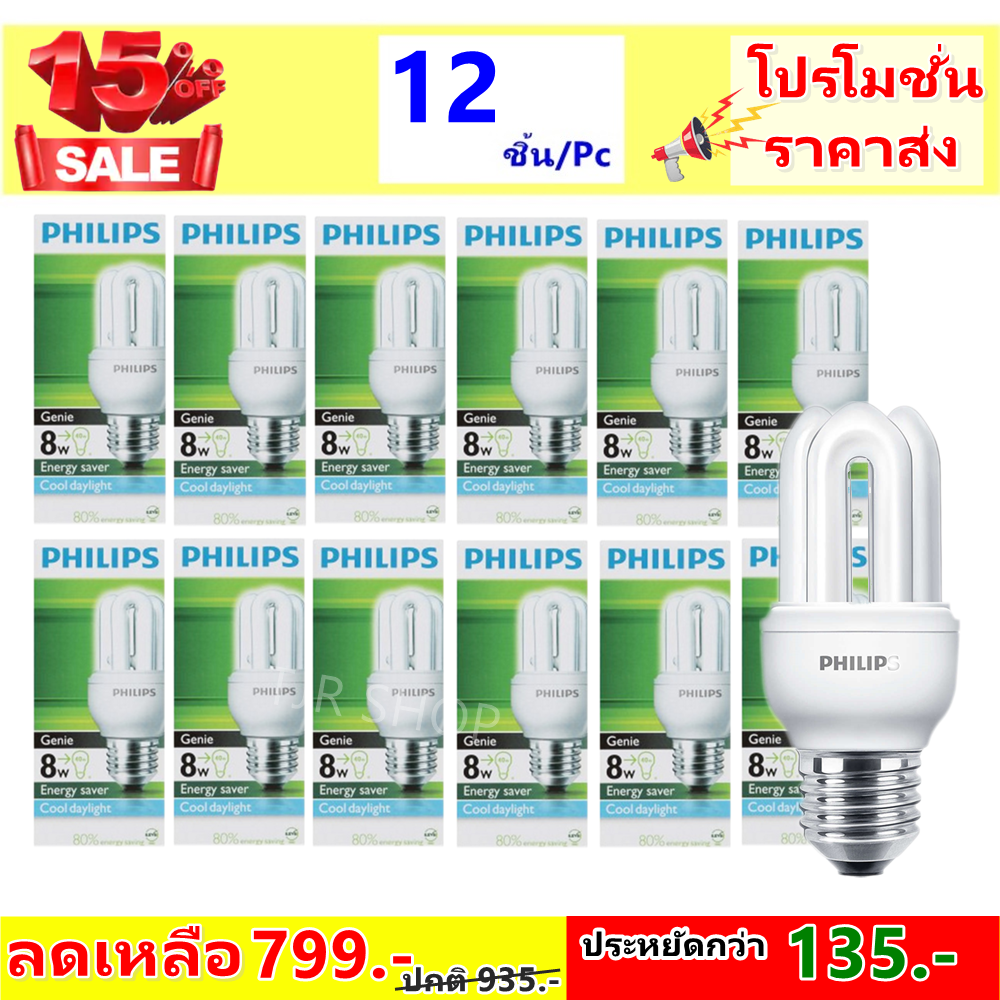 Philips (ยกกล่อง 12 ดวง ราคาส่ง) หลอด Genie 8W เกลียว E27 แสงขาว Cool Day Light หลอดประหยัดไฟ ทรงตะเกียบ จิ๋ว