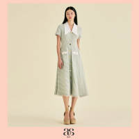 [asv ss25] Alda Short Sleeve Dress  เดรสผู้หญิง แขนสั้น คอวี แต่งปกเสื้อ แต่งกระเป๋าและกระดุมทองด้านหน้า แต่งดีเทลห่วง กระเป๋าข้าง ซิปหลัง ผ้าลายเกลียวเชือก