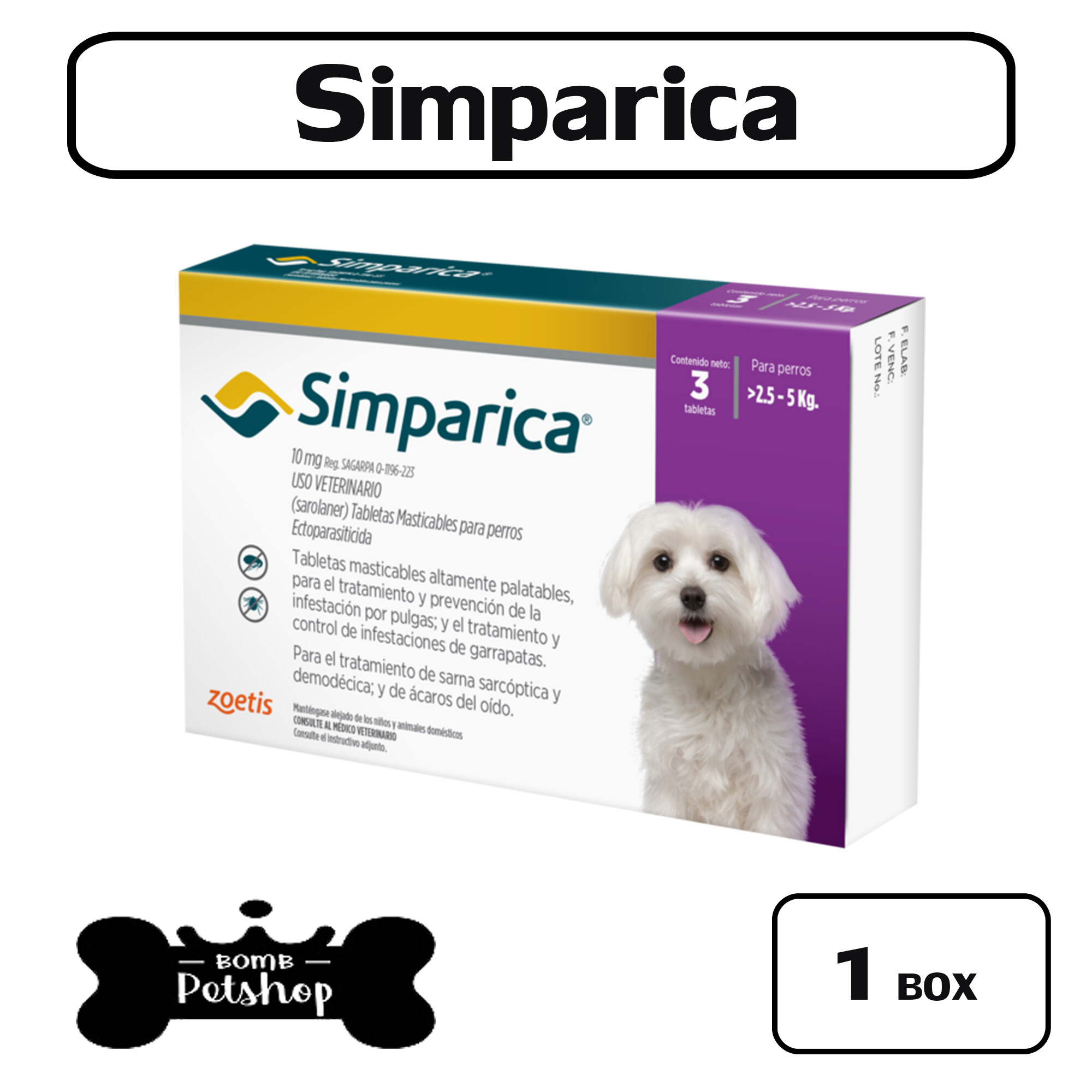 Simparica ยาป้องกัน เห็บ หมัด สำหรับสุนัข 2.5 - 5.0 kg 1 กล่อง บรรจุ 3 เม็ด
