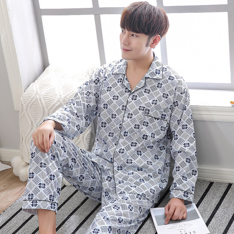 ชุดนอนผู้ชายชุดนอนผู้ชายกางเกงขายาวใส่อยู่บ้านชุดนอนผ้าฝ้ายชุดนอนเปิดซับใน男士纯棉睡衣套装