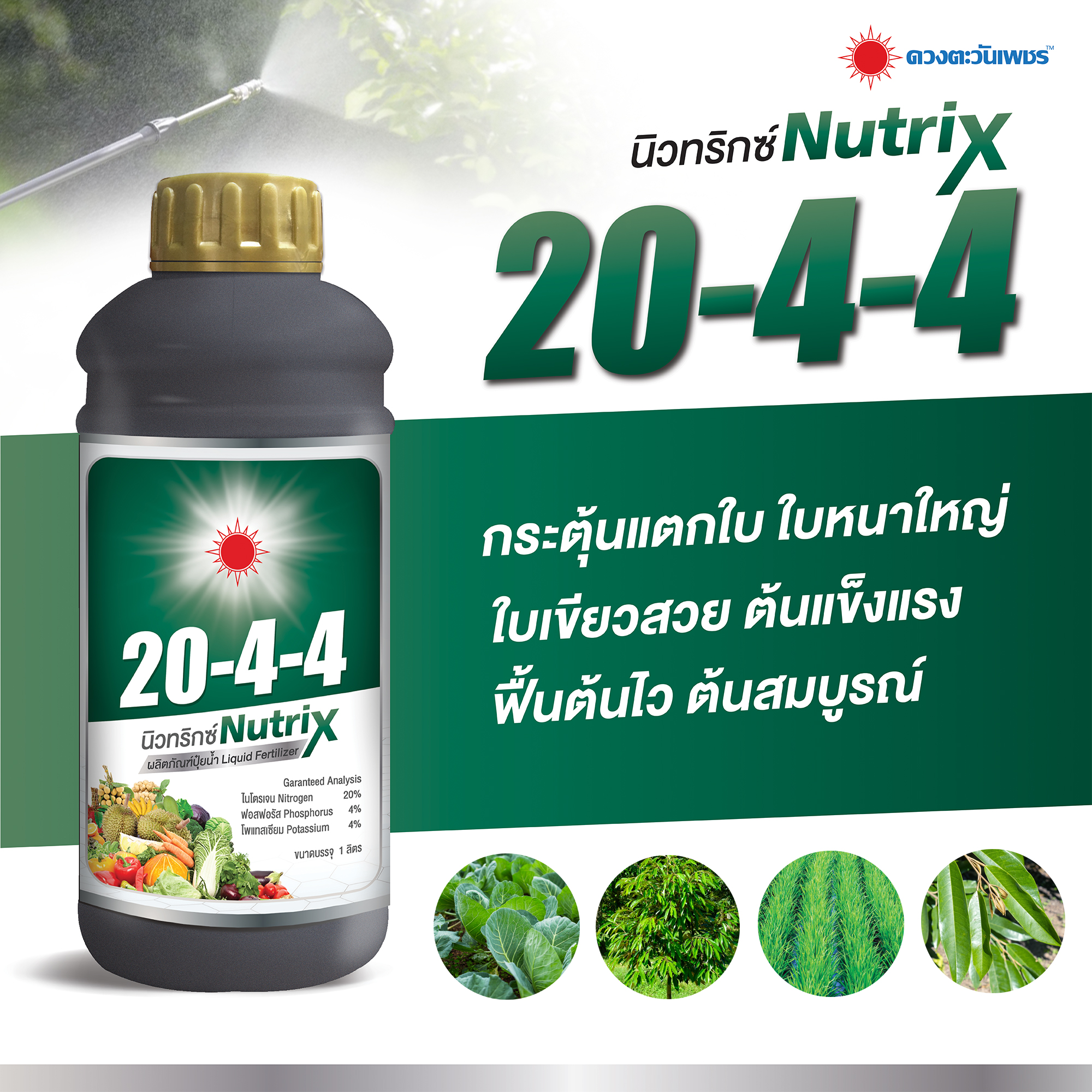 นิวทริกซ์ 20-4-4 กระตุ้นแตกใบ ใบหนาใหญ่ ใบเขียวสวย ต้นแข็งแรง ฟื้นต้นไว ต้นสมบูรณ์ (ชนิดน้ำ) 1 ลิตร ราคา 290 บาท*ส่งฟรี