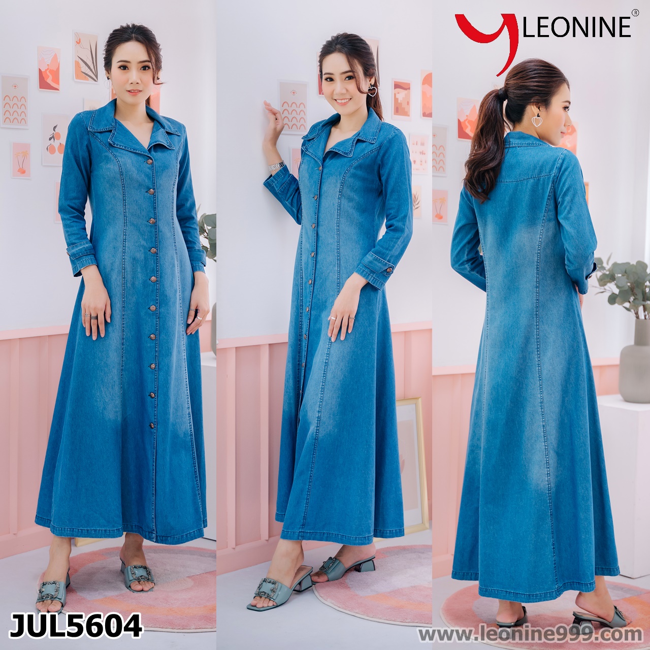 ชุดเดรสยีนส์ เดรสยีนส์ แม๊กซี่เดรสยีนส์ แซกยีนส์ ชุดยีนส์ Leonine JUL5604ฟอกอ่อน ราคา 890 บาท*ส่งฟรี