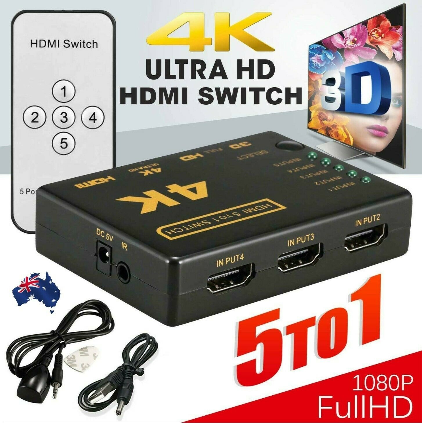 5 Ports ออก 1 Full HD Remote 1080P 3D HDMI Switch Selector Splitter 4k 2k