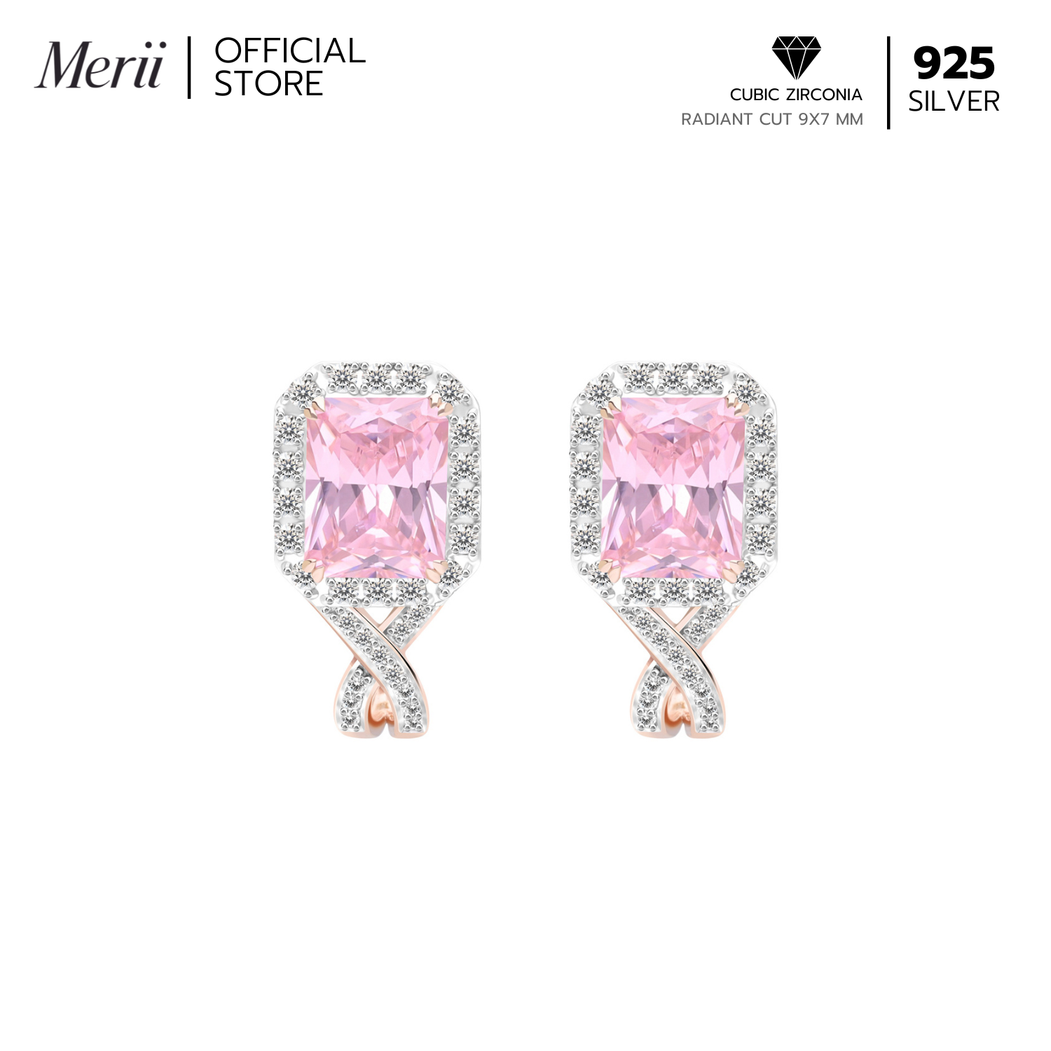 Merii Rose Gold Plated Silver Radiant Cut Pink Cubic Zirconia CZ Halo Stud Earrings Decorum Collection ราคา 6,200 บาท*ส่งฟรี