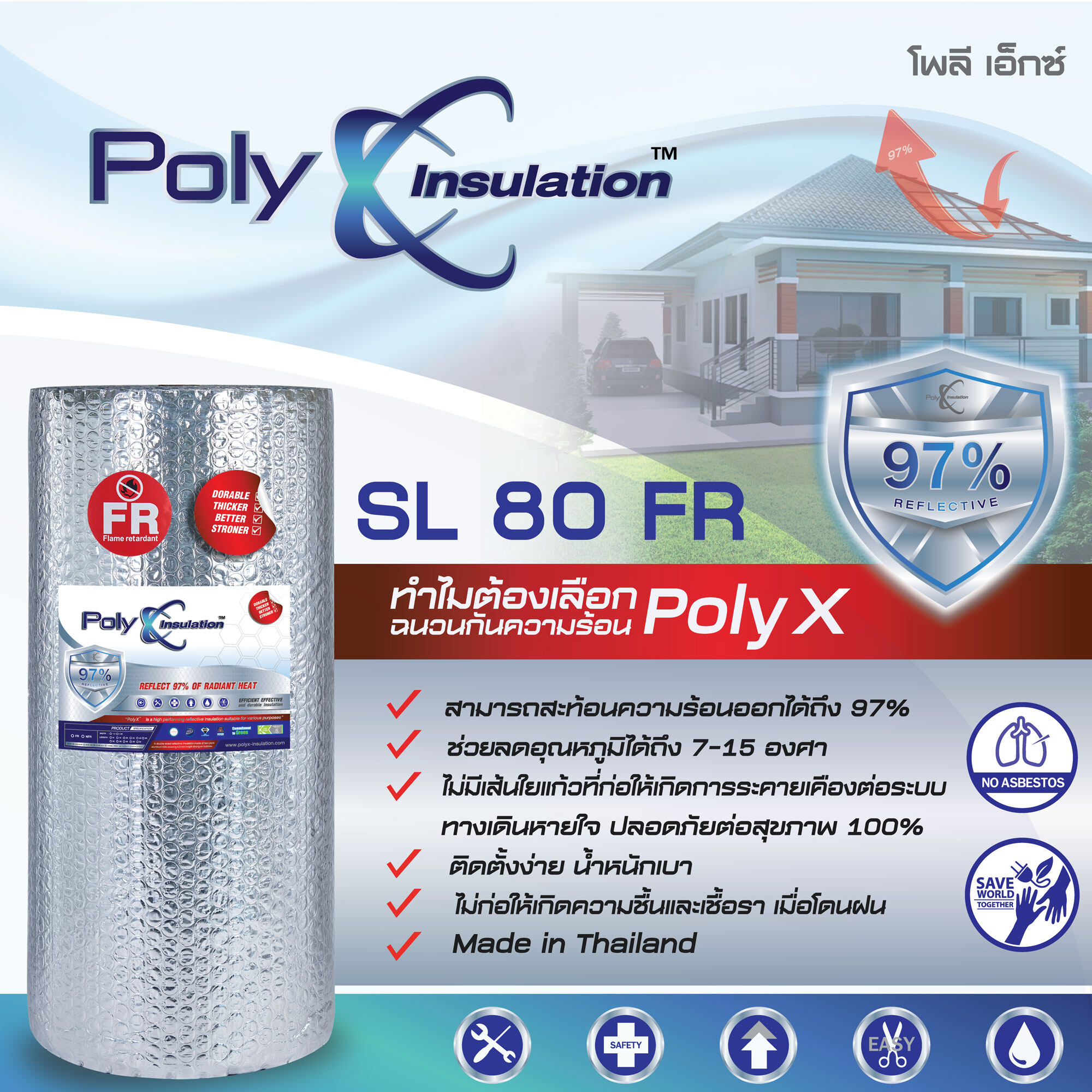 Poly X SL 80+ FR ฉนวนกันความร้อน มาตราฐานส่งออก!! สะท้อนความร้อนสูงาสุด 97 % ป้องกันไฟล่าม 1.20x20m