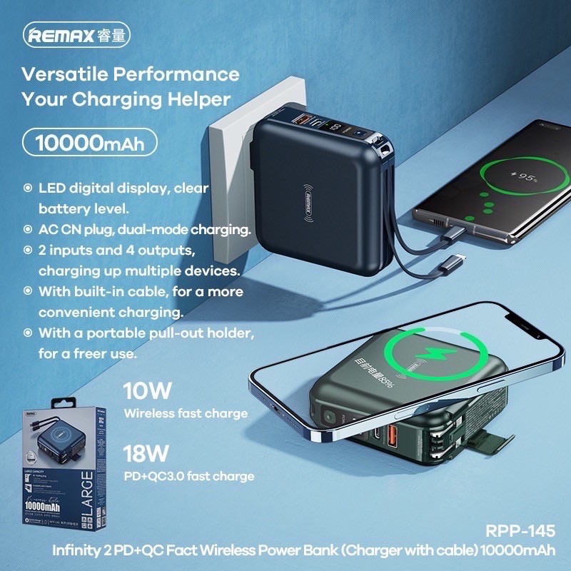 ⚡️แบตสำรองไร้สาย Remax RPP-145  Wireless Power Bank Type-C TO Lightning 10000mah  แท้100% ขนาดพกพา