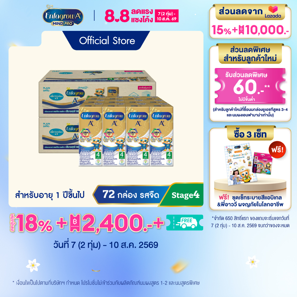 นมกล่อง เอนฟาโกร ยูเอชที สูตร4 ชนิดจืด (36 กล่อง) x2 ลัง Enfagrow UHT Stage4 Plain (36 boxes) x2 cases *แพ็คเกจอยู่ระหว่างการเปลี่ยนแปลง