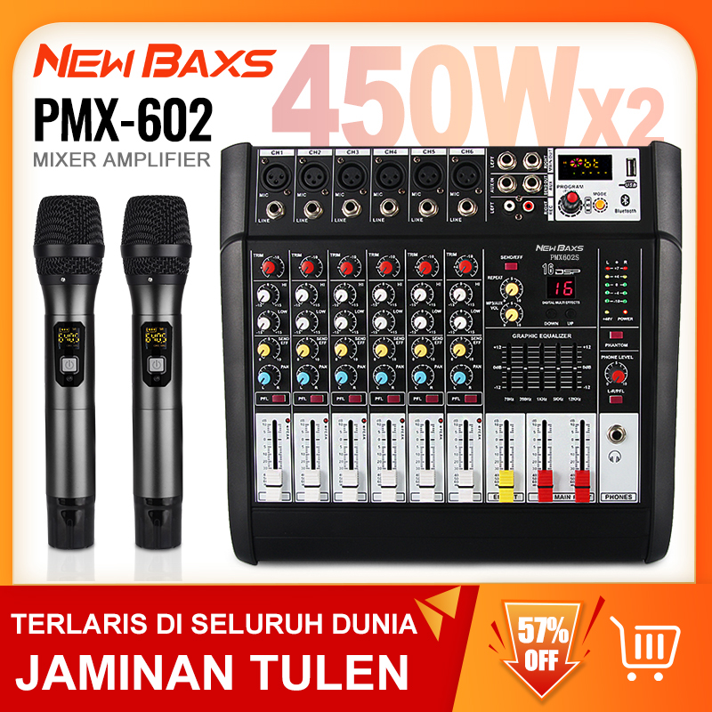 NewBaxs 3 in 1 support bluetooth/usb/ MP3 built-in 450W high power amplifier 6 channel mixer pmx602s/pmx602d mixer amplifier wireless microphone all-in-one ราคา 2,599 บาท*ส่งฟรี
