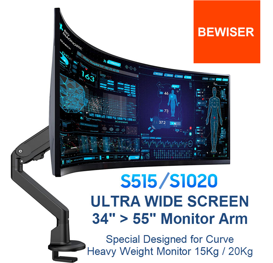 BEWISER S515/S1020 Ultra Wide Screen Arm Designed for Curved Display VESA Monitor 34"-55" Max.15Kg / 20Kg Level adjustable Freely Tilt & Rotate Gas Spring Arm support weight Heavy Duty Aircraft Grade Aluminum (Inc VAT) ราคา 3,890 บาท*ส่งฟรี