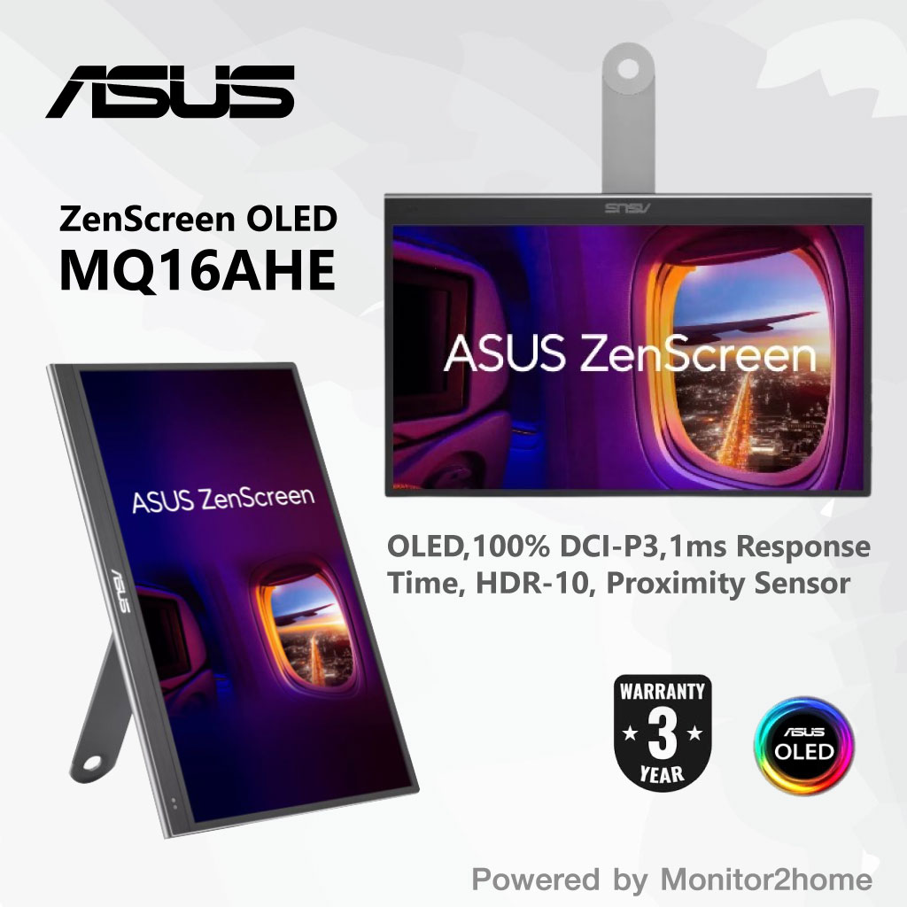 ASUS ZenScreen OLED MQ16AHE portable monitor – 16 inch (15.6 inch viewable) FHD (1920 x 1080), OLED, 100% DCI-P3, 1 ms Response Time, HDR-10, USB Type-C, Mini HDMI , Proximity Sensor, 360° kickstand, Flicker Free, Low Blue Light ราคา 12,999 บาท*ส่งฟรี