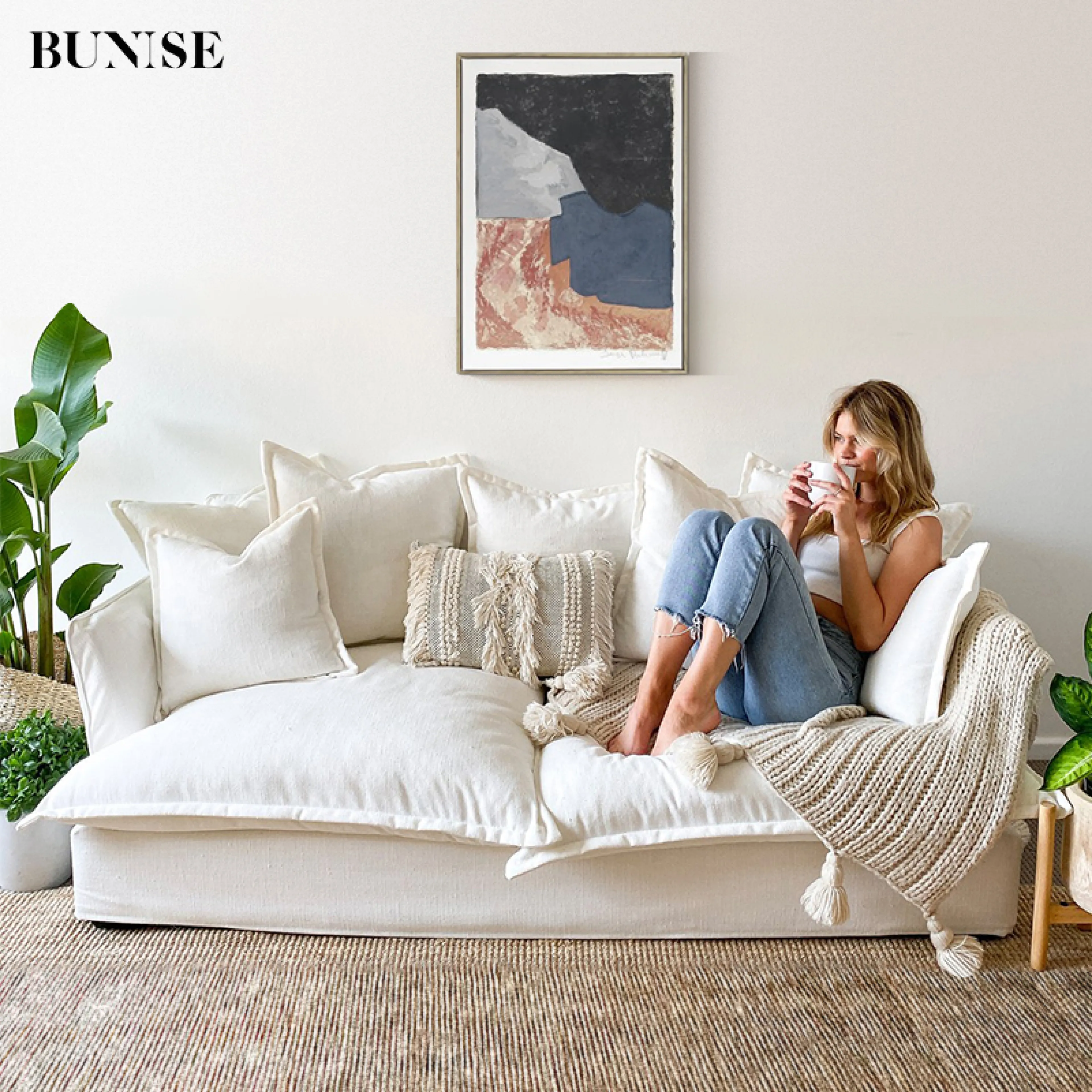 BUNISE TOPPIN 2-Seater Cloud Sofa Anti-Scratch Waterproof Fabric Feather-Like Softness Removable Cover for Nordic or Japanese Style Condo Living Room