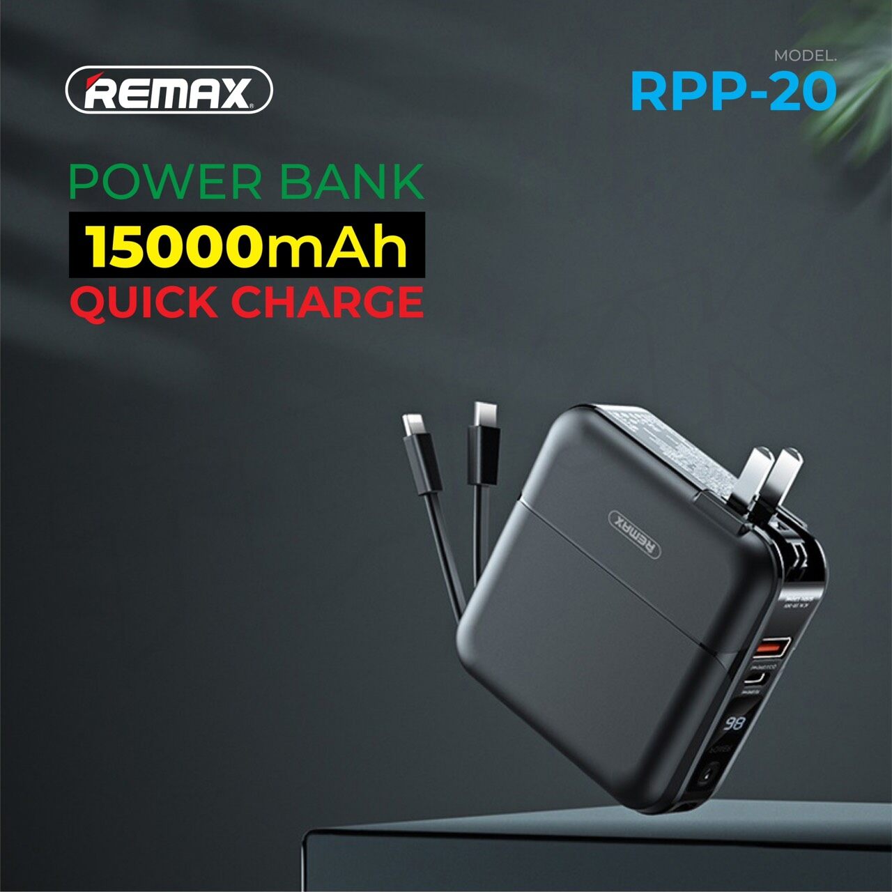 Power bank 15000 mAh REMAX RPP-20 Type-C สะดวดพกพา ชาร์จเร็วQC3.0+PD3.0 มีสายชาร์จในตัว มีแท่นวางมือถือในตัว