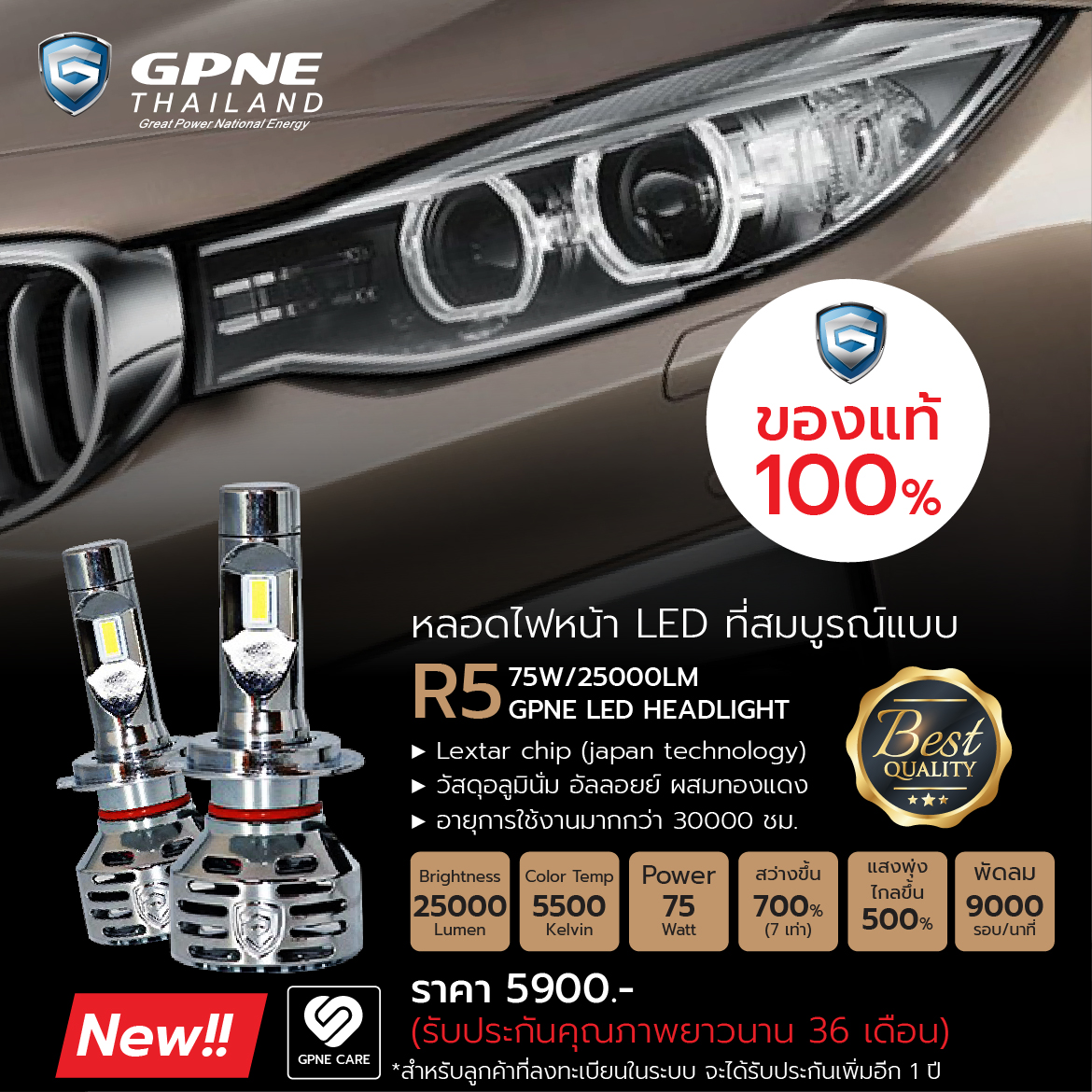 GPNE R5 หลอดไฟหน้ารถยนต์ LED (75w) | ของแท้ 100% รับประกัน 3 ปี ราคา 4,564 บาท*ส่งฟรี