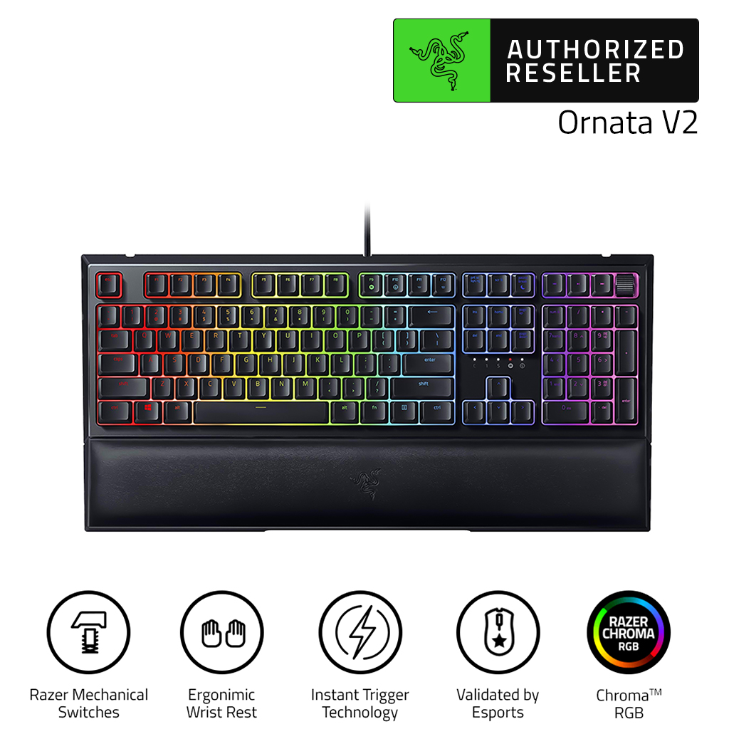 Razer Ornata V2 Hybrid Mecha-Membrane Keyboard Chroma RGB Gaming Keyboard with Wrist Rest (คีย์บอร์ดเกมมิ่ง)