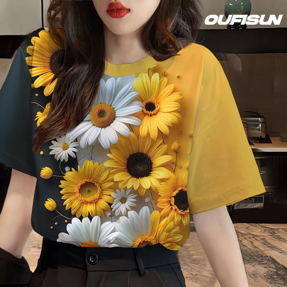 Women's floral shirt round neck fashion short sleeve Songkran 2568 Thai style round neck T-shirt ราคา 96 บาท*ส่งฟรี