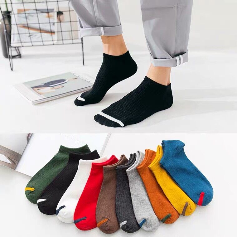Mei Mei shop ถุงเท้าข้อสั้น ถุงเท้าข้อสั้นหุ้มส้น ถุงเท้าสีพื้น แต่งขีดล่าง ถุงเท้าแฟชั่น ผ้ายืดได้ไม่บางไม่หนา ใส่สบาย พร้อมส่ง