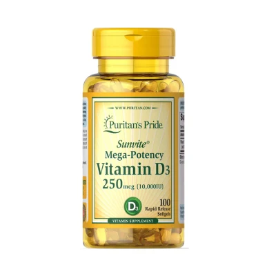 Puritan's pride วิตามินดี3 Vitamin D3 สูตรเข้มข้ม 250 mcg (10,000 IU) จำนวน 100 เม็ด Softgels