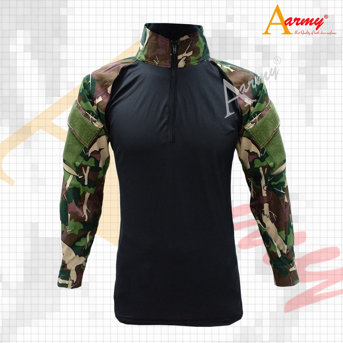 Combat Shirt สีดำ ลายป่าไม้พิมพ์น้ำ รุ่น1 / Combat Shirt ลำตัวดำ แขนลายป่าไม้พิมพ์น้ำ รุ่น1
