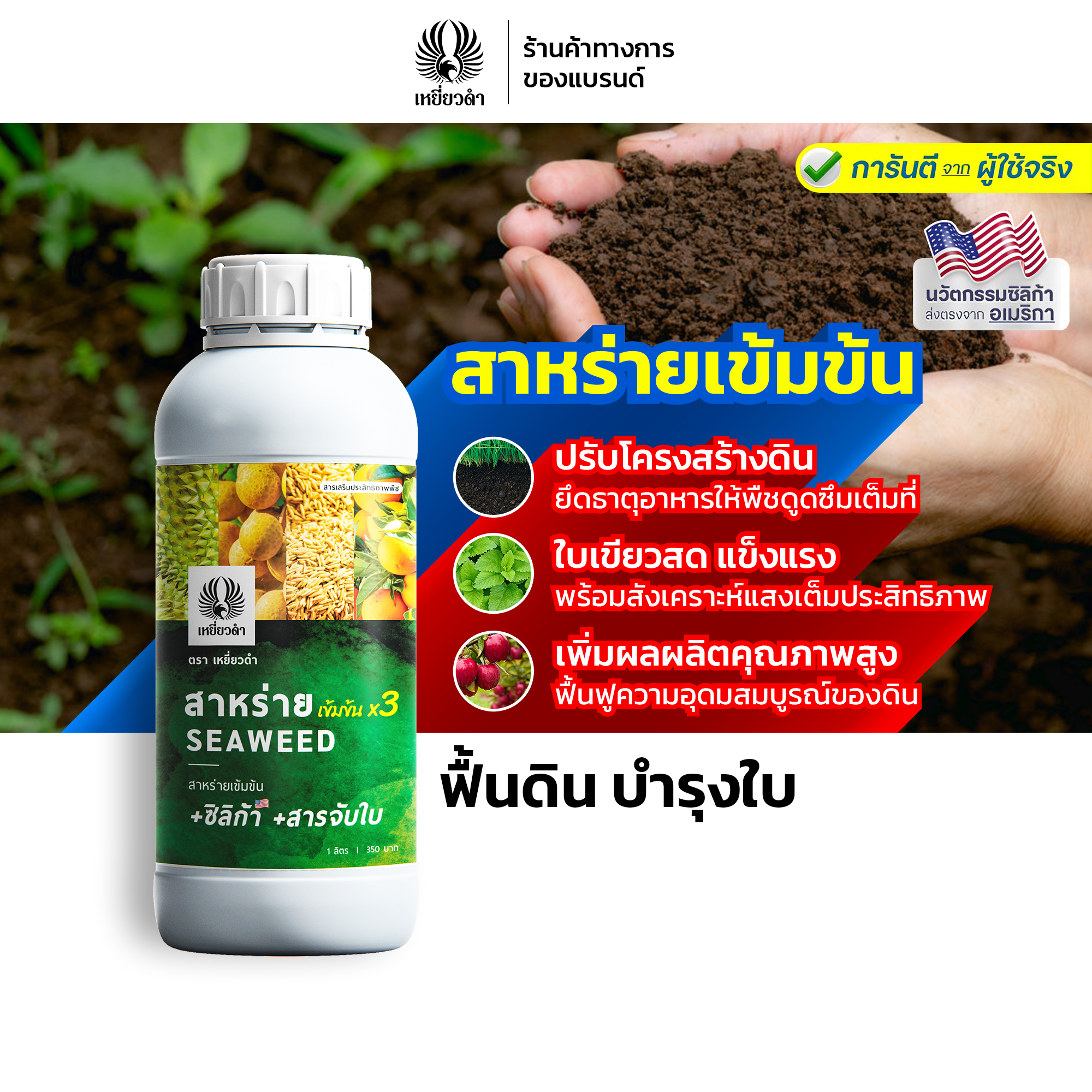 Black Hawk seaweed fertilizer X3 1000 ml. 1000 ml. With silica leaf catcher, strengthen the strength of the plant. ราคา 350 บาท*ส่งฟรี