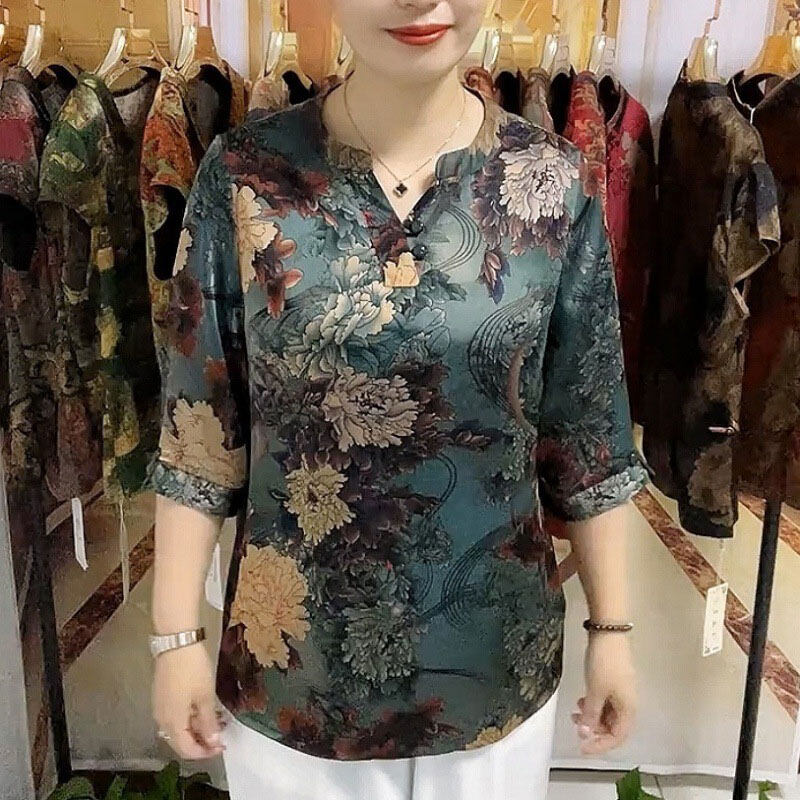 XIANG NIAN NI Shirt for Women Floral Pullover V-Neck Long Sleeve Shirt carpet silk shirt 2025 ราคา 131 บาท*ส่งฟรี